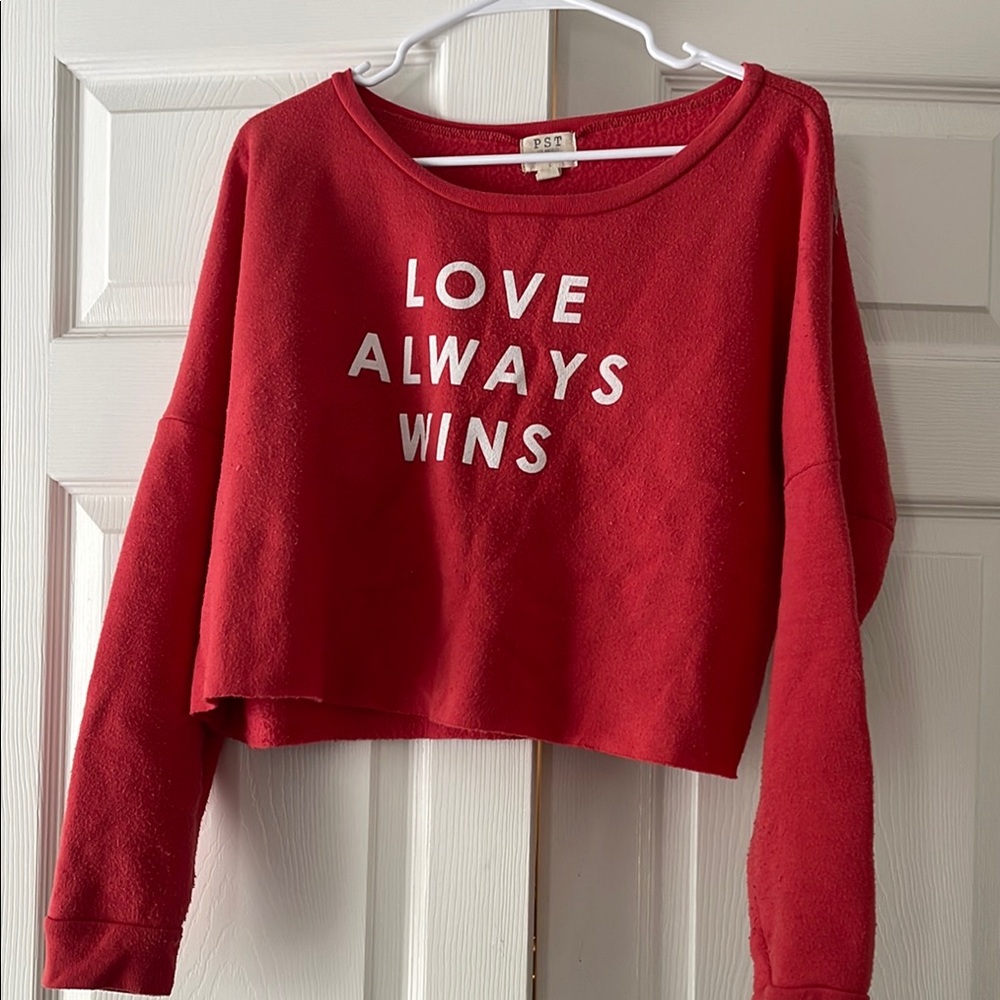 Red Cropped Sweatshirt with Love Always Wins Print